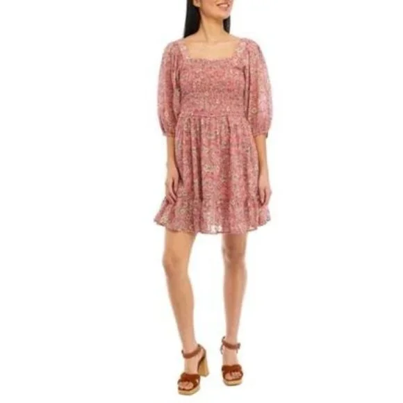 NWT Jessica Simpson Women's Printed Smocked Dress in Dots & Roses, Size Small - Picture 4 of 7